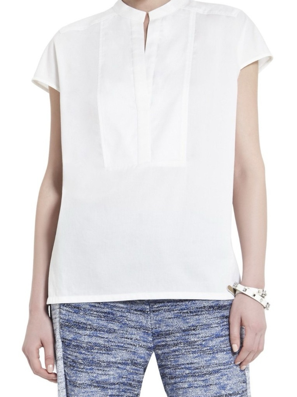 BCBG White Split-Neck Cap Sleeve Blouse